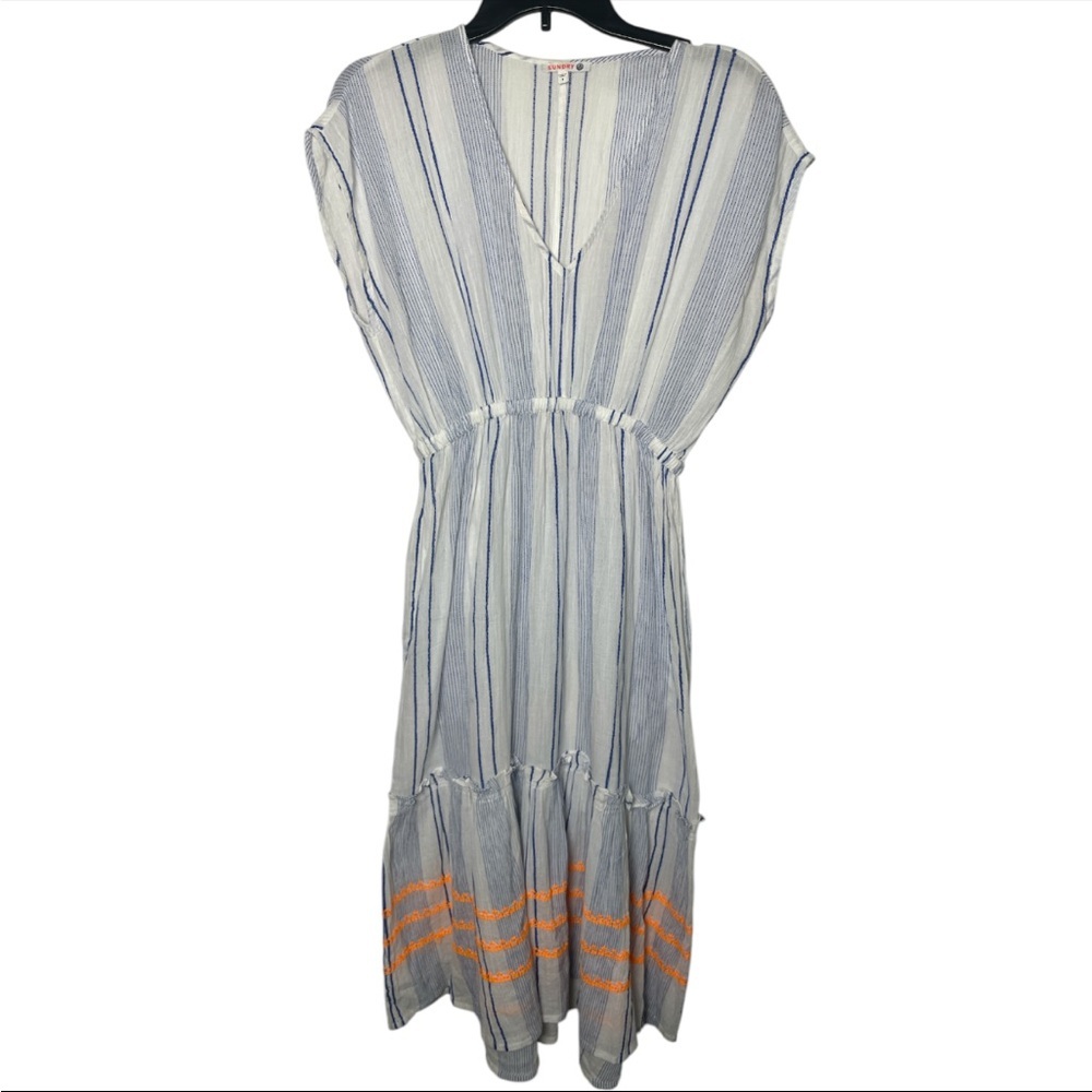 Sundry Small Blue White Striped Midi Dress Boho Coastal Casual Summer Vacation S